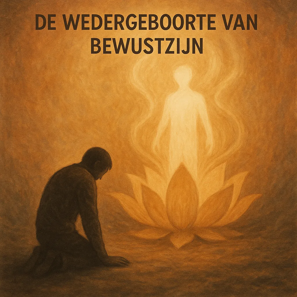 Een knielende figuur voor een stralende lotus waaruit een lichtfiguur verrijst — symbool voor spirituele ontwaking en innerlijke groei.