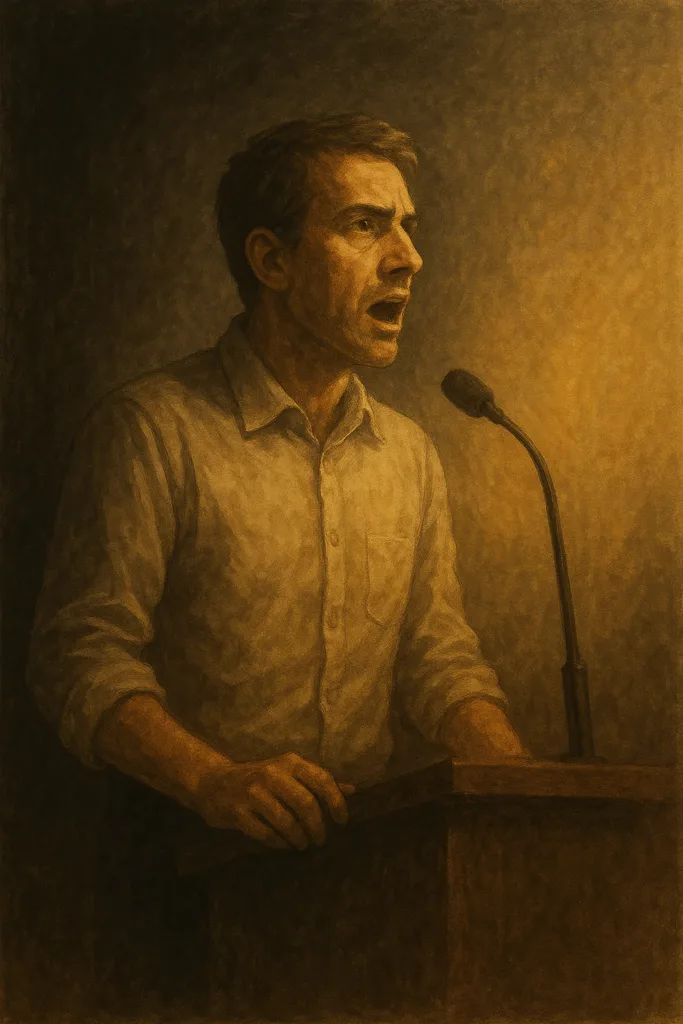 Een man spreekt met overtuiging achter een lessenaar, verlicht door een warme gloed — symbool voor de kracht van de menselijke stem die de stilte doorbreekt.