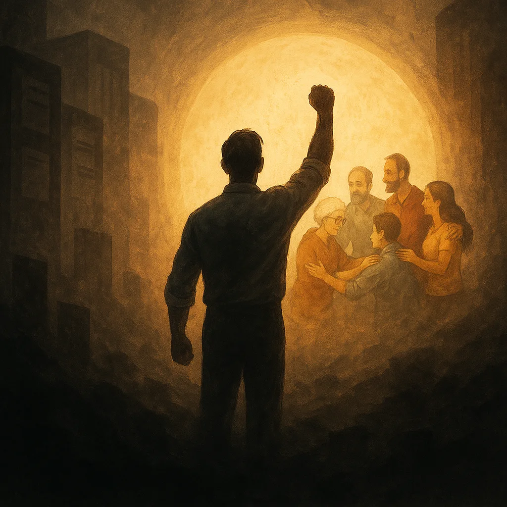 Mens die opstaat voor menselijke waardigheid te midden van systemen.