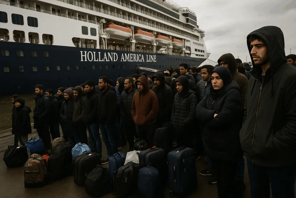 Asielzoekers wachten met koffers en tassen op de kade naast opvangschip Statendam in de Rotterdamse haven.