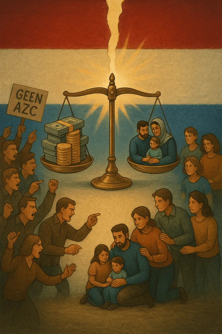 Illustratie van verdeeldheid over asielopvang: protesterende mensen tegenover een gezin vluchtelingen op een weegschaal met geld, tegen een gescheurde Nederlandse vlag.