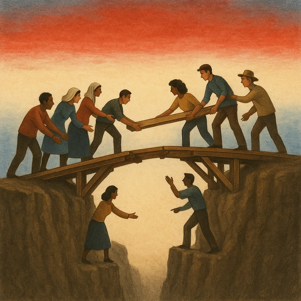 Mensen van diverse achtergronden bouwen samen een brug over een kloof, als symbool voor het overbruggen van polarisatie.