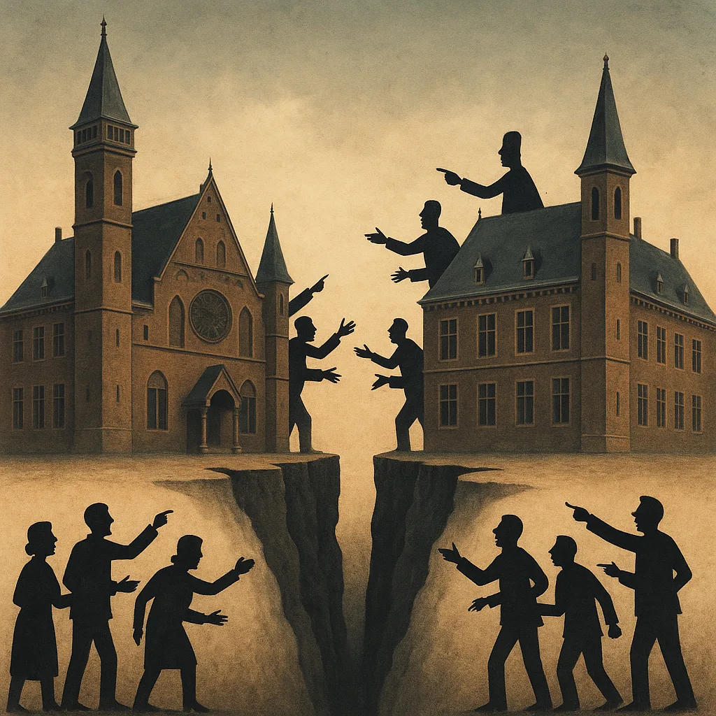 Tweede Kamer gescheiden door kloof als symbool voor verdeeldheid over asielbeleid.