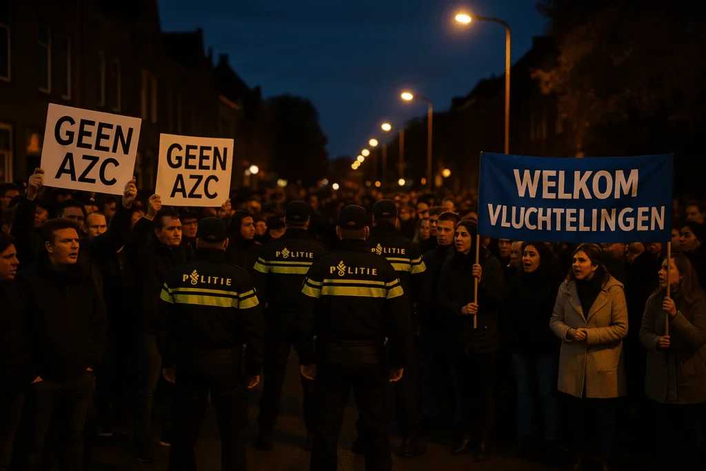 Twee groepen demonstranten staan tegenover elkaar over asielopvang, gescheiden door politie.