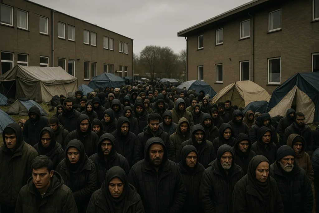 Groep asielzoekers wacht buiten een overvol opvangcentrum in Nederland.