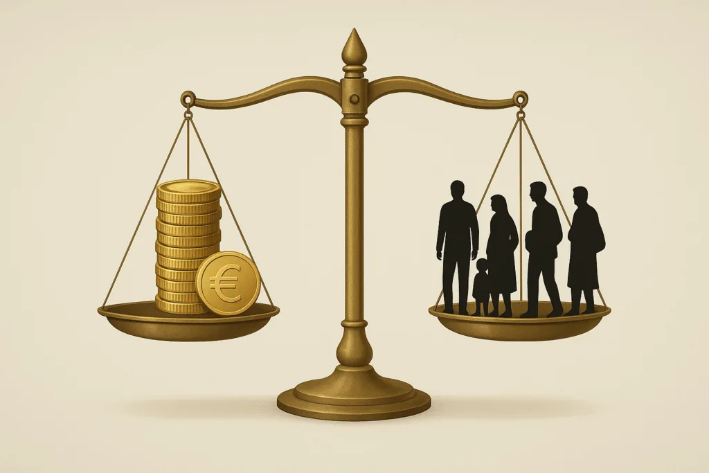 Weegschaal met geld en mensfiguren als symbool voor kosten van asielopvang.