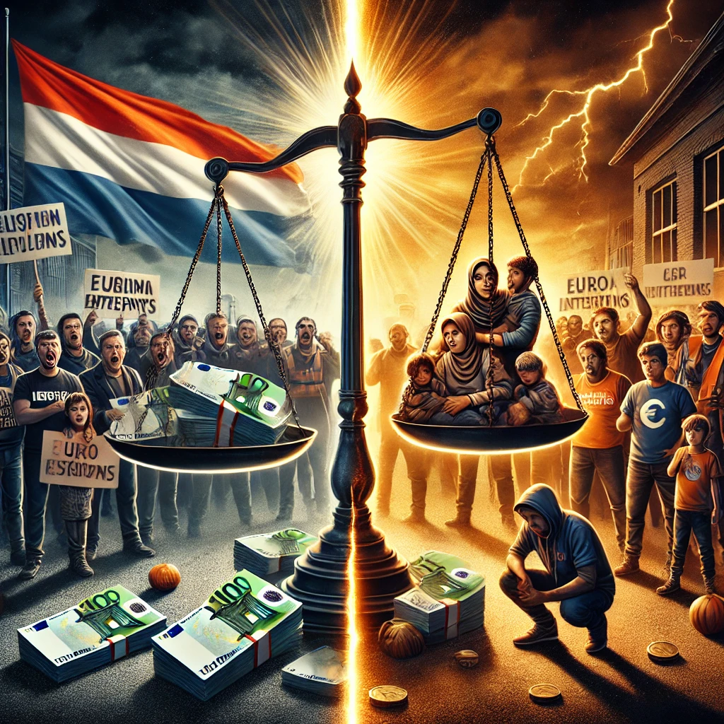 Illustratie van verdeeldheid over asielopvang: protesterende mensen tegenover een gezin vluchtelingen op een weegschaal met geld, tegen een gescheurde Nederlandse vlag.
