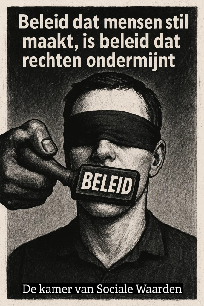 Geblinddoekte persoon met mond dichtgehouden door stempel ‘beleid’.