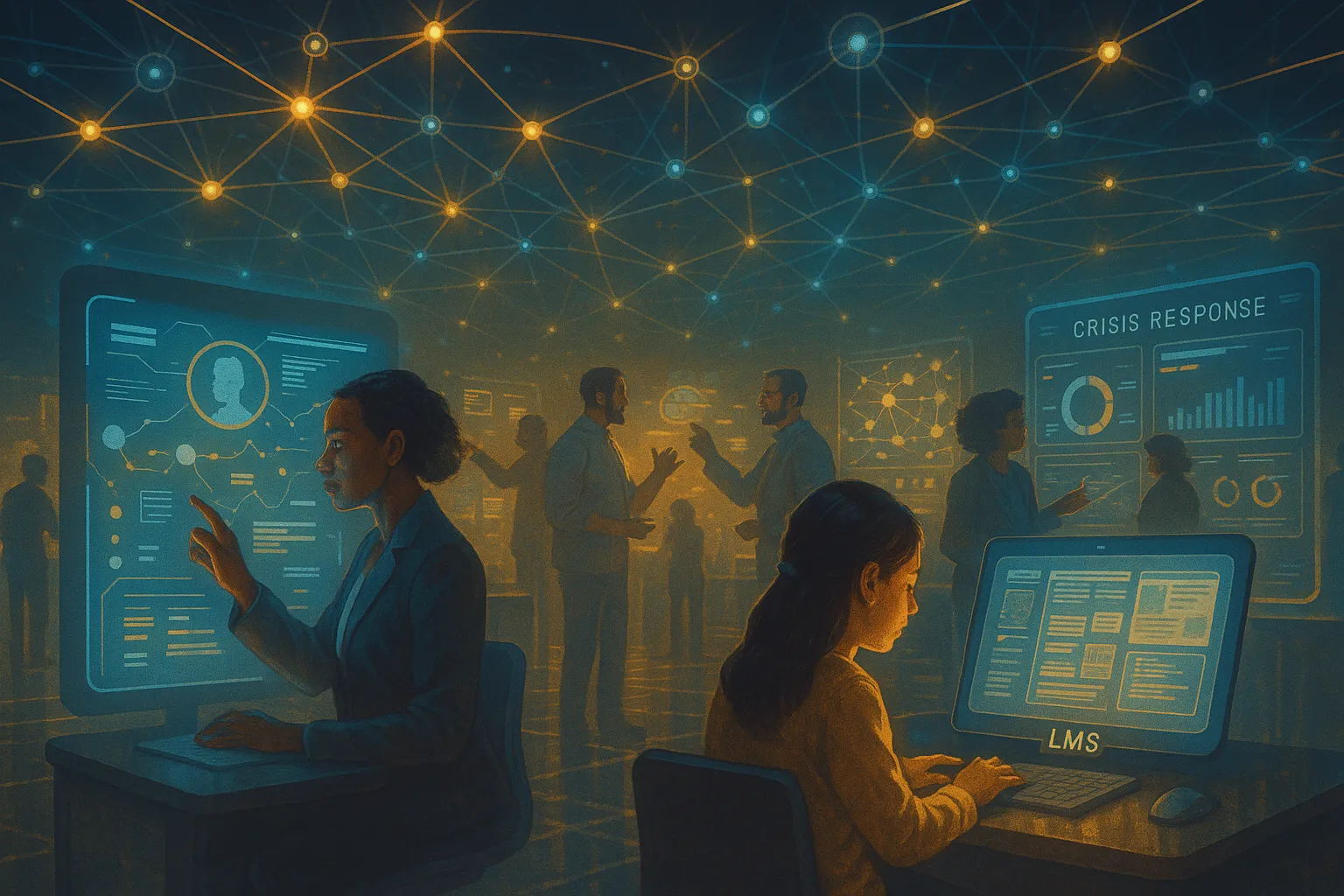 Futuristische visualisatie van een sociaal-technologisch Web3-ecosysteem.