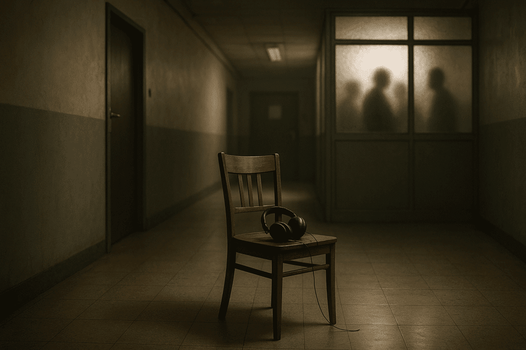 Lege stoel met koptelefoon in zorggang als symbool voor institutionele isolatie.