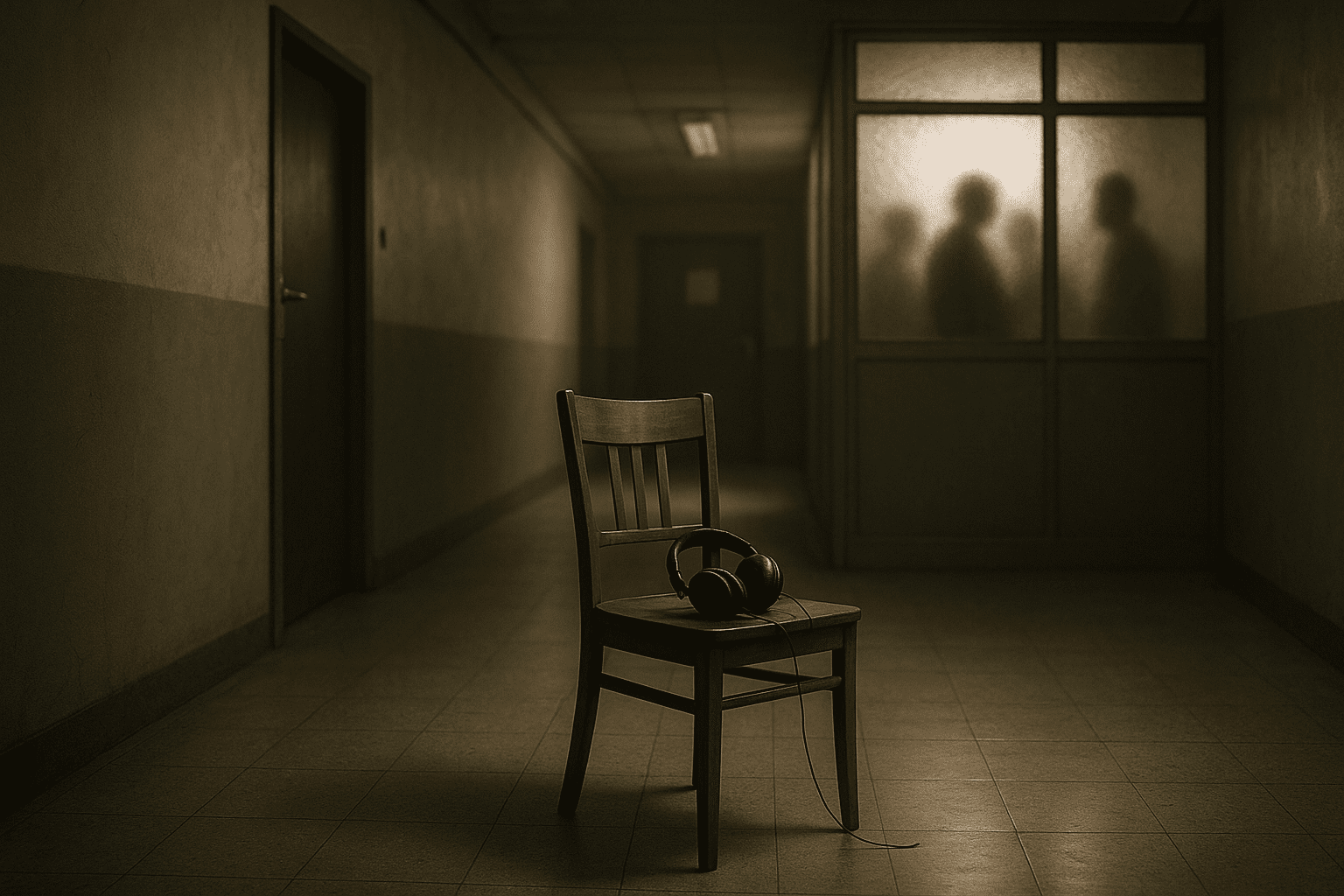 Lege stoel met koptelefoon in zorggang als symbool voor institutionele isolatie.