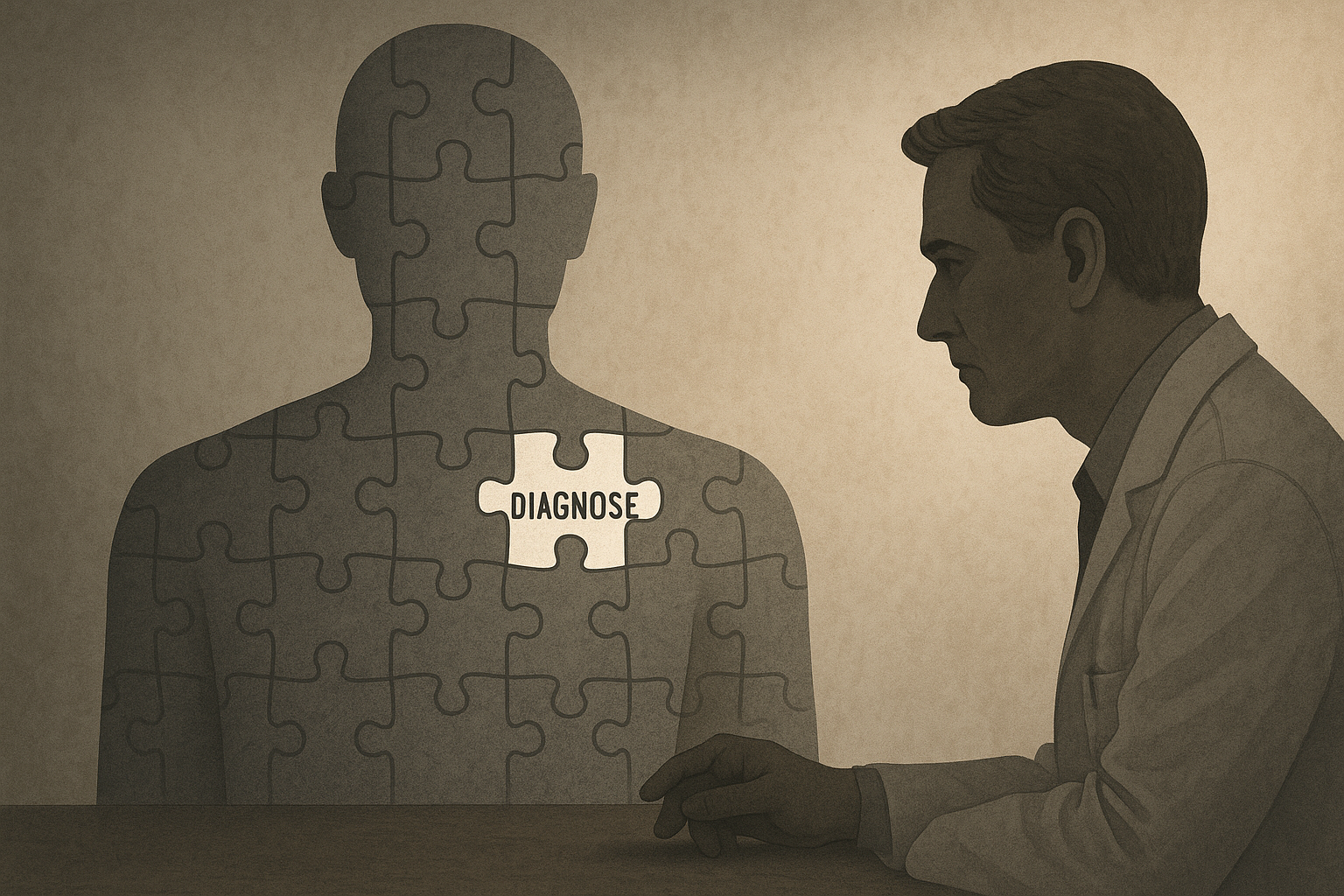 Silhouet van een mens gereduceerd tot één diagnose-etiket terwijl rest van identiteit vervaagt