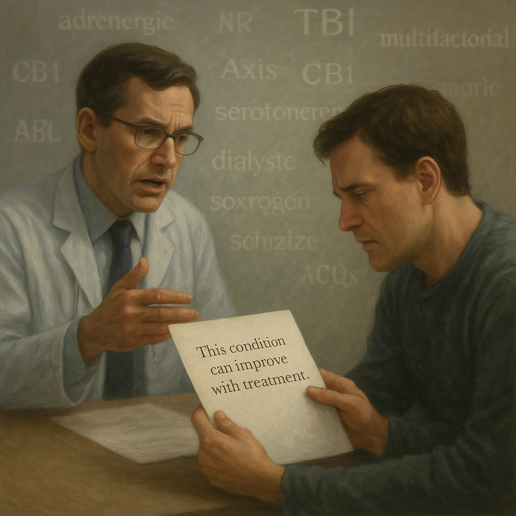 Patiënt die verdwaalt in medisch jargon terwijl zorgverlener onduidelijke termen gebruikt