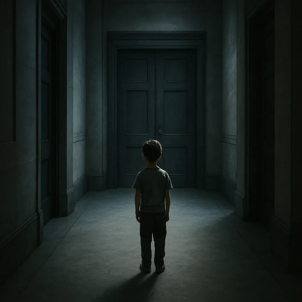 Kind alleen in institutionele gang, symbool voor gemarginaliseerde kinderstem.