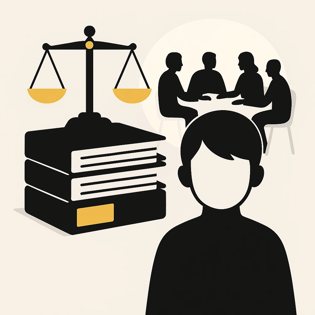 Illustratie van een kind voor een weegschaal van gerechtigheid met juridische dossiers op de achtergrond.