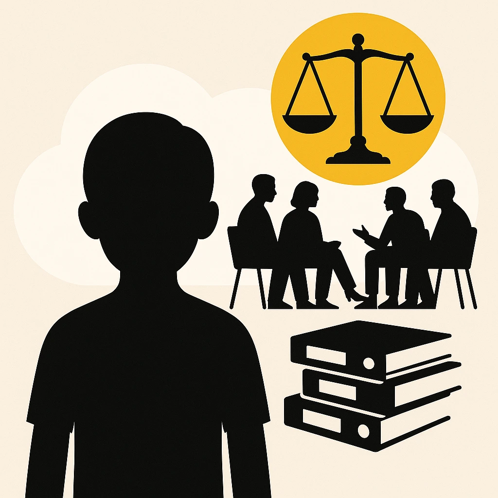 Silhouet van een kind voor een weegschaal van gerechtigheid en dossiers in de jeugdbescherming.