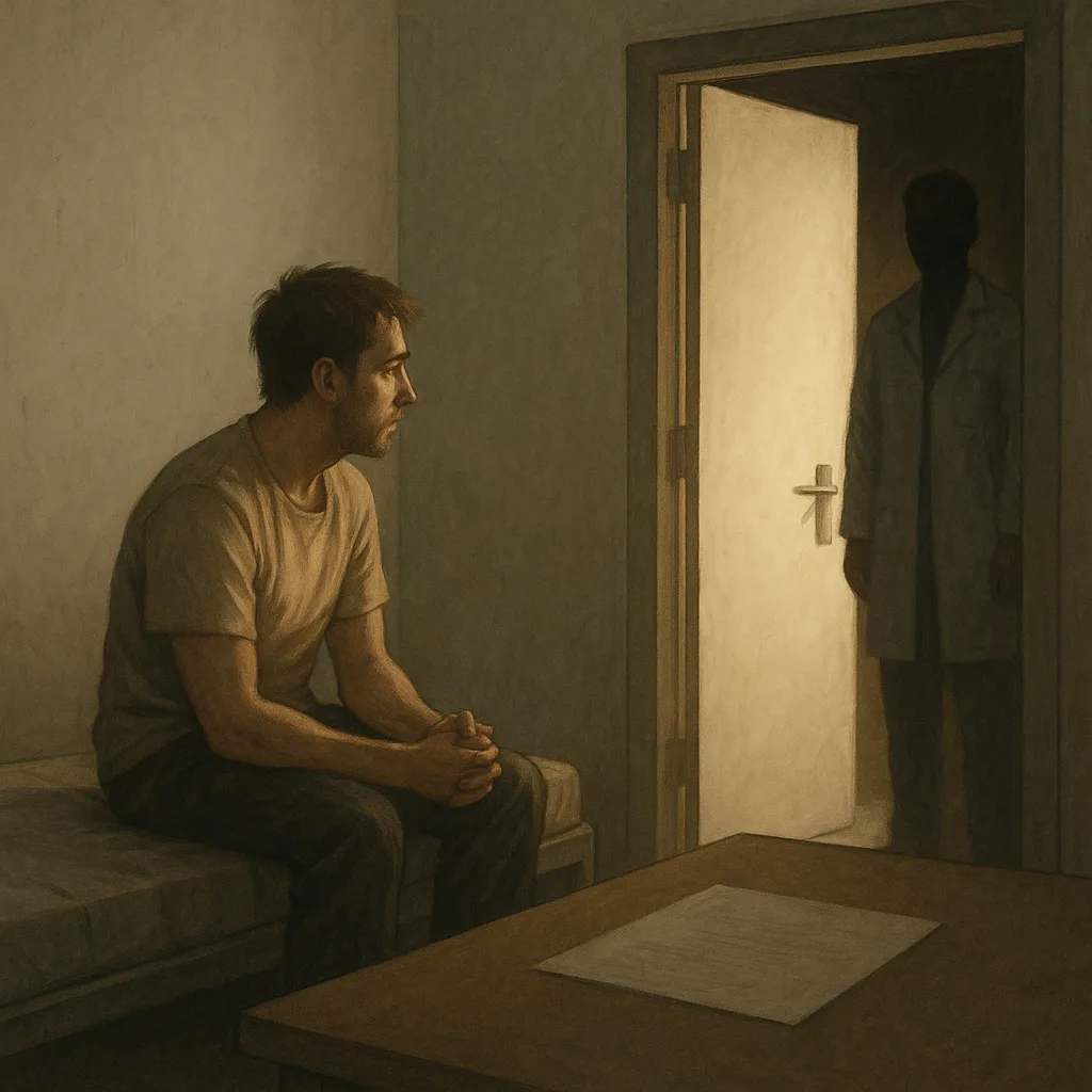 Patiënt in kale kamer terwijl zorgverlener in deuropening staat, symbool van dreiging en kwetsbaarheid