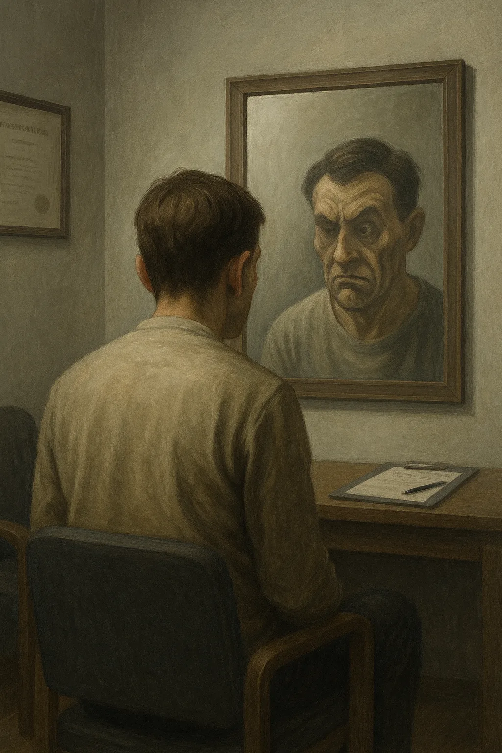 Patiënt kijkt in een spiegel en ziet een vervormde versie van zichzelf – symbool voor gaslighting in de geestelijke gezondheidszorg.