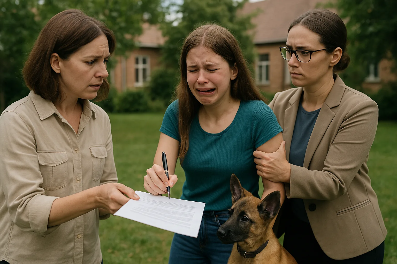 Moeder overhandigt dochter een document terwijl een begeleider haar wegtrekt en een jonge Mechelse herder toekijkt.