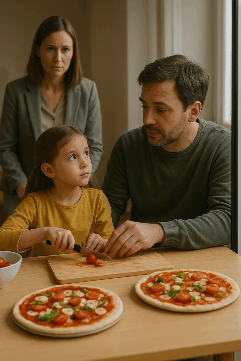 Vader en dochter maken samen pizza onder toezicht tijdens begeleide omgang.