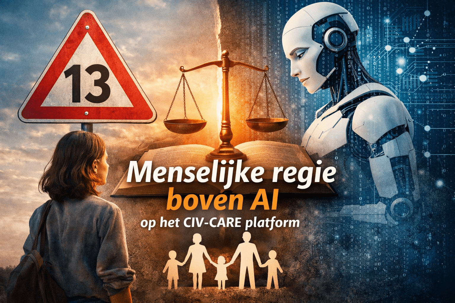 Illustratie van menselijke regie boven AI binnen het CIV-CARE platform, met Hoofdstuk 13 als grens voor geautomatiseerde besluitvorming