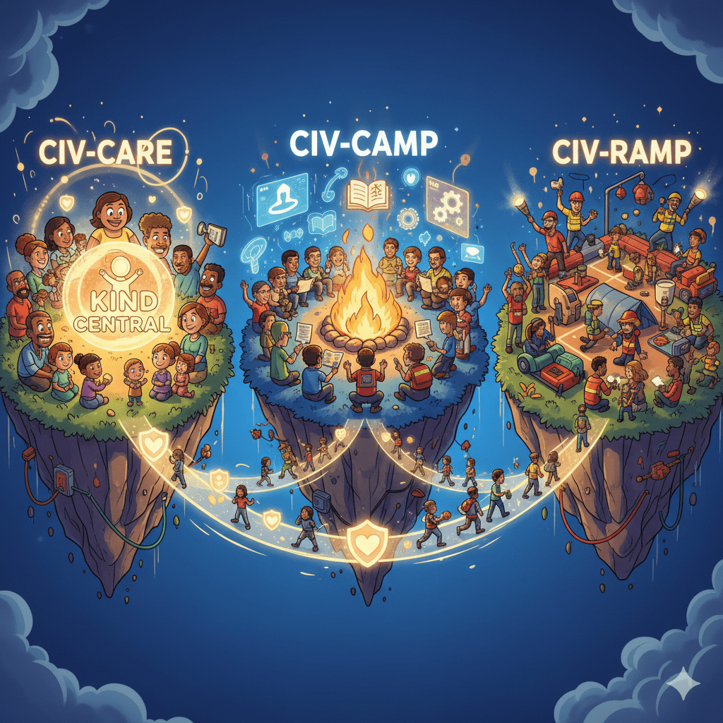 Illustratie van drie verbonden CIV-eilanden met zorg, onderwijs en crisisvoorbereiding