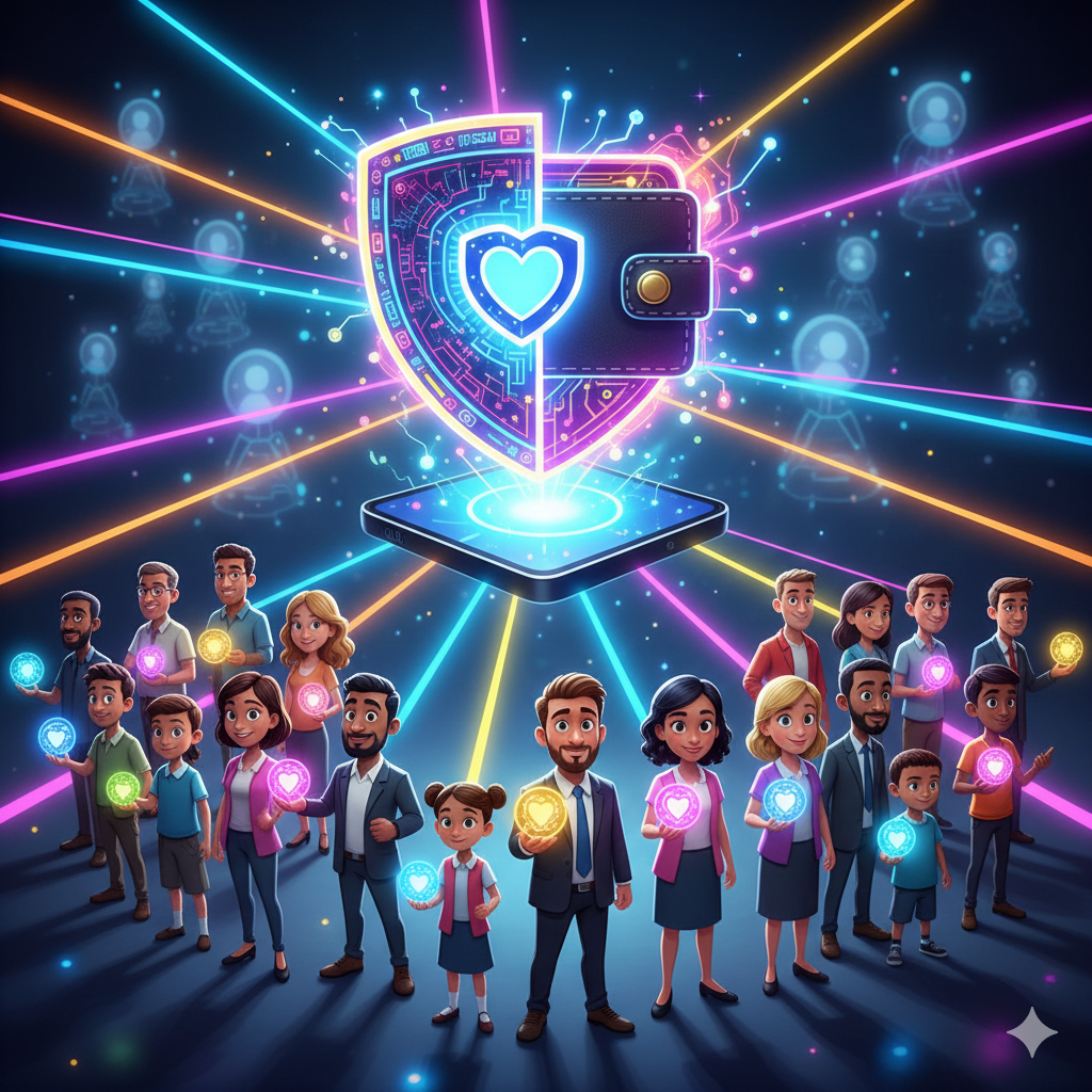 Hyperrealistische cartoon van een gloeiende digitale identity-wallet met mensen die eigen identiteits-tokens vasthouden