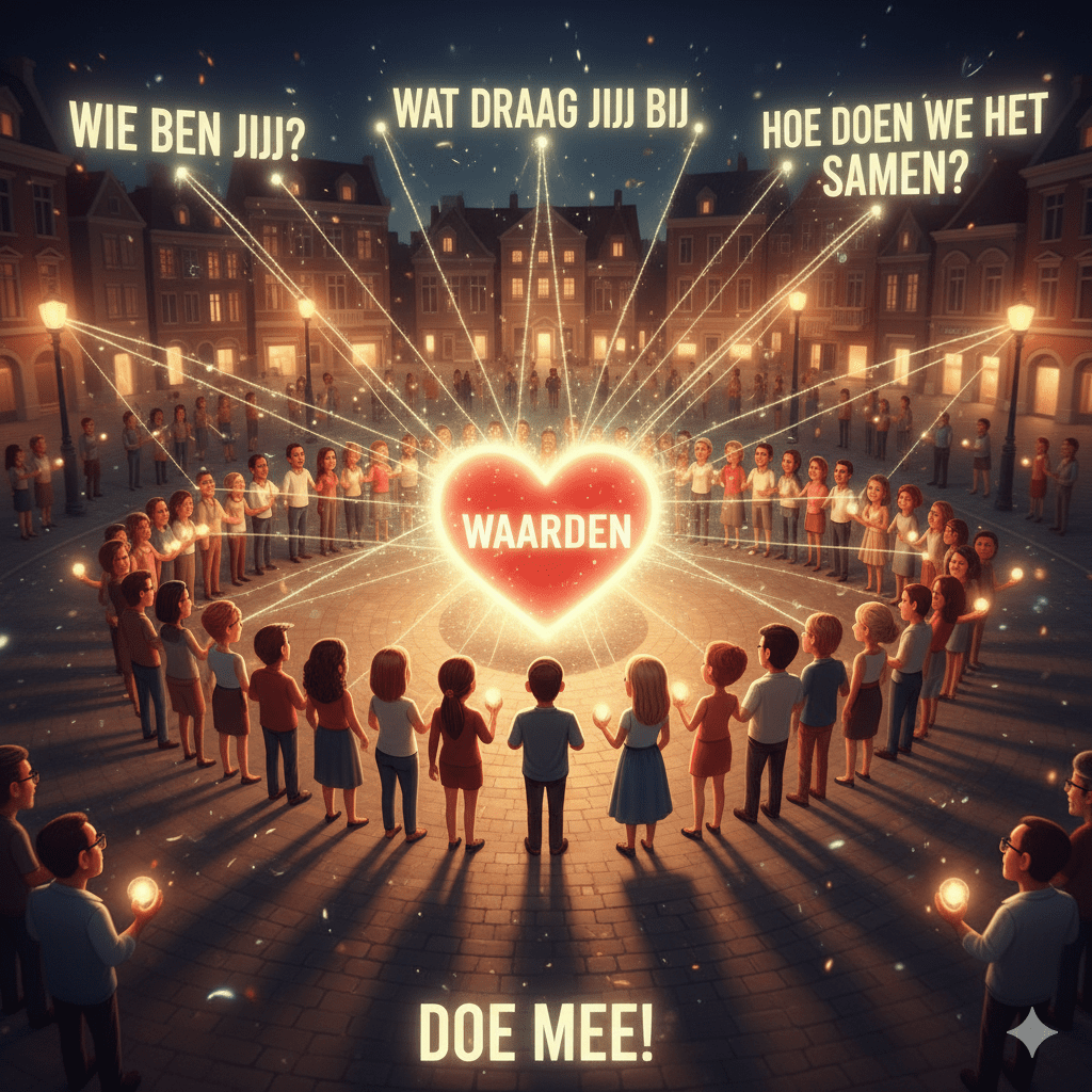 Illustratie van een grote kring mensen die hun waardenlichtjes naar een centraal hart-symbool richten