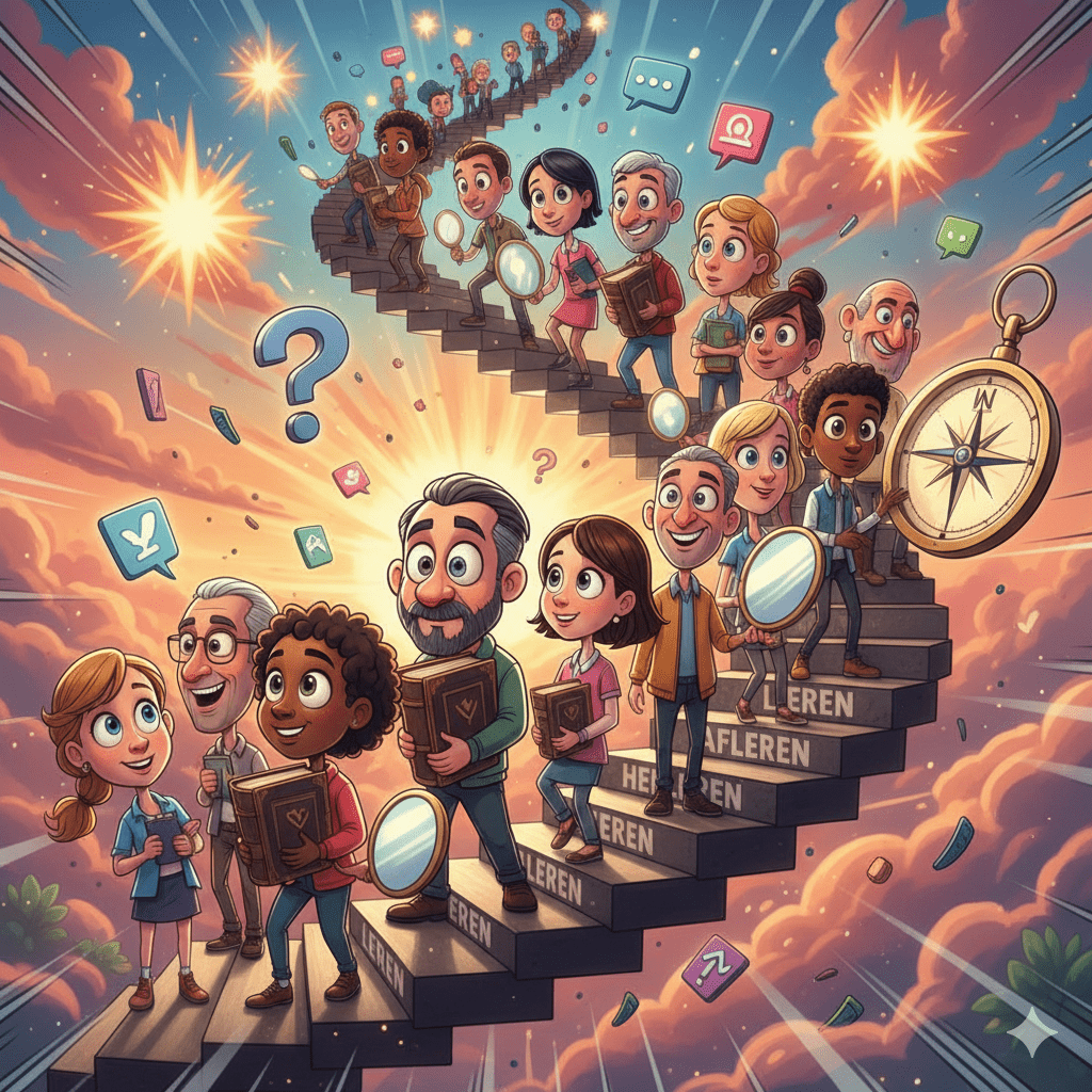 Cartoonillustratie van mensen op een spiraaltrap van leren, afleren en herleren