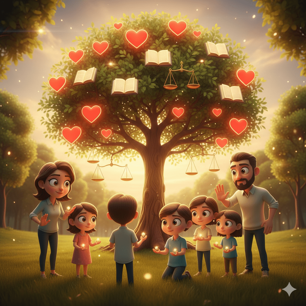 Illustratie van ouders die een beschermende cirkel vormen rond hun kinderen onder een gloeiende waardenboom