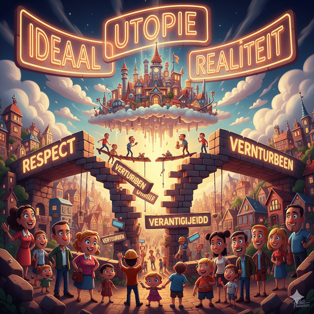 Cartoonachtige illustratie van een landschap met idealen, utopie en realiteit verbonden door waardenbruggen
