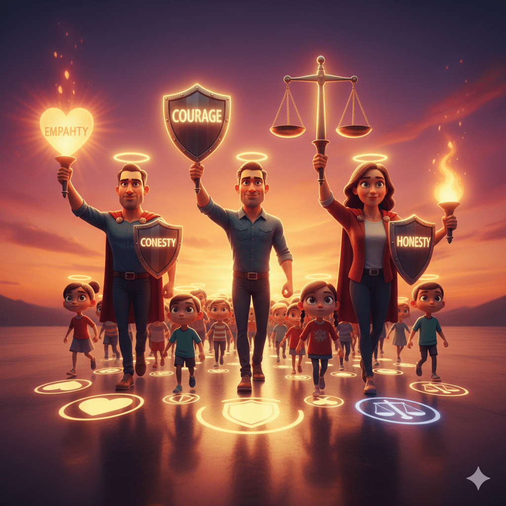 Illustratie van volwassenen die waarden voorleven aan kinderen met lichtsporen op de grond