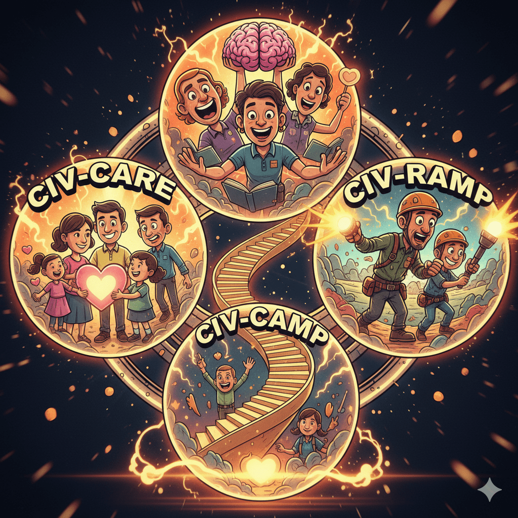 Drie cartoonachtige CIV-sferen verbonden door burgers en waardeniconen