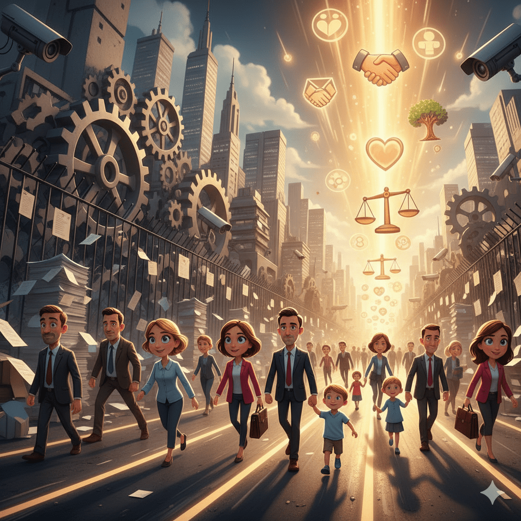 Illustratie van een samenleving op een kruispunt tussen controle en waardengedreven verbinding.