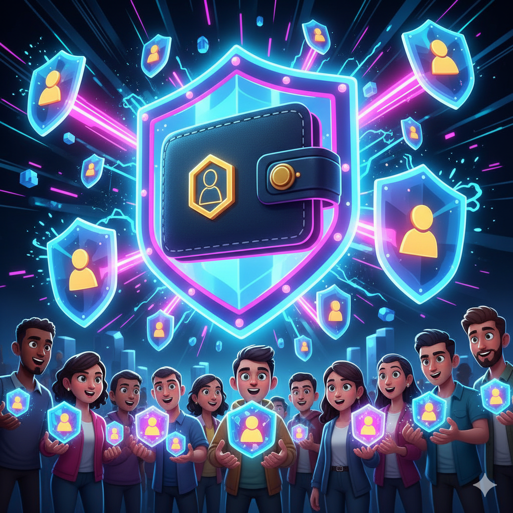 Gloeiende digitale identiteit-wallet in hyperrealistische cartoonstijl