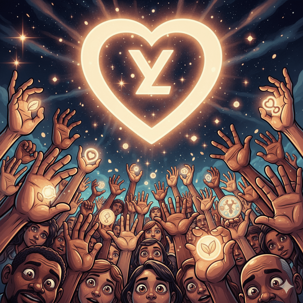 Veel handen reiken naar een groot gloeiend waardenhart in cartoonstijl