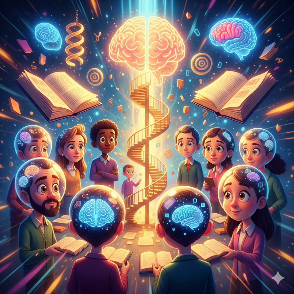 Mensen in een cartoonachtige leercirkel met groei- en reflectiesymbolen