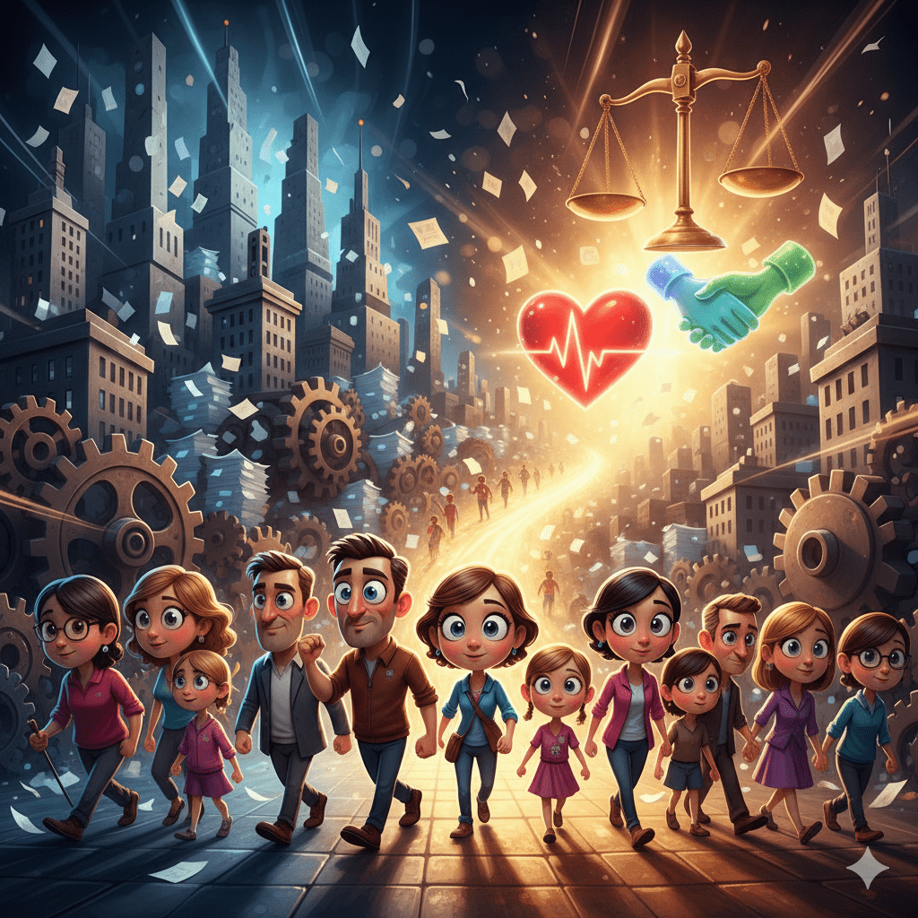 Diverse mensen bij een symbolisch kruispunt richting waardengedreven samenleving