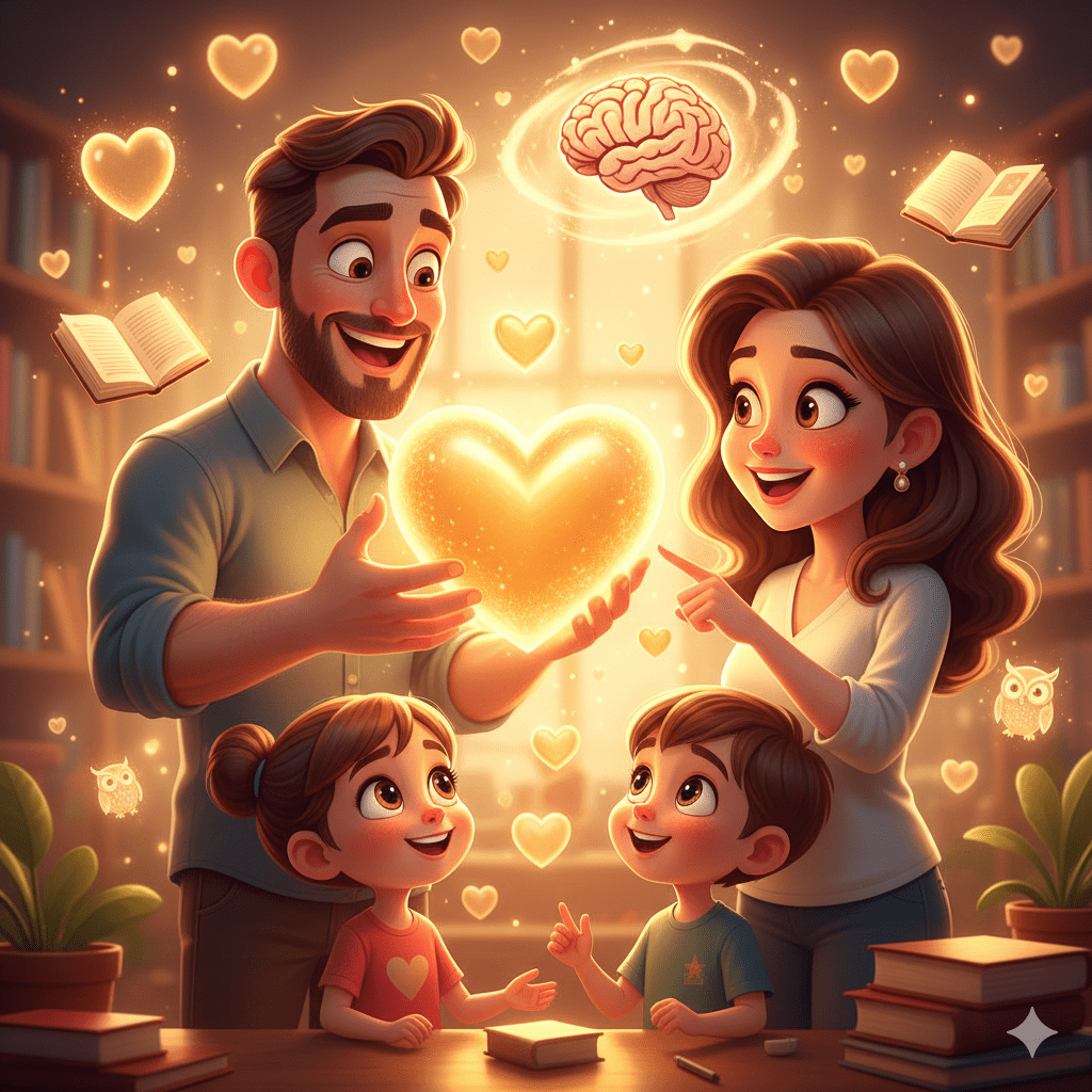 Ouders en kinderen in een warme, overdreven cartoonstijl rond waardeniconen