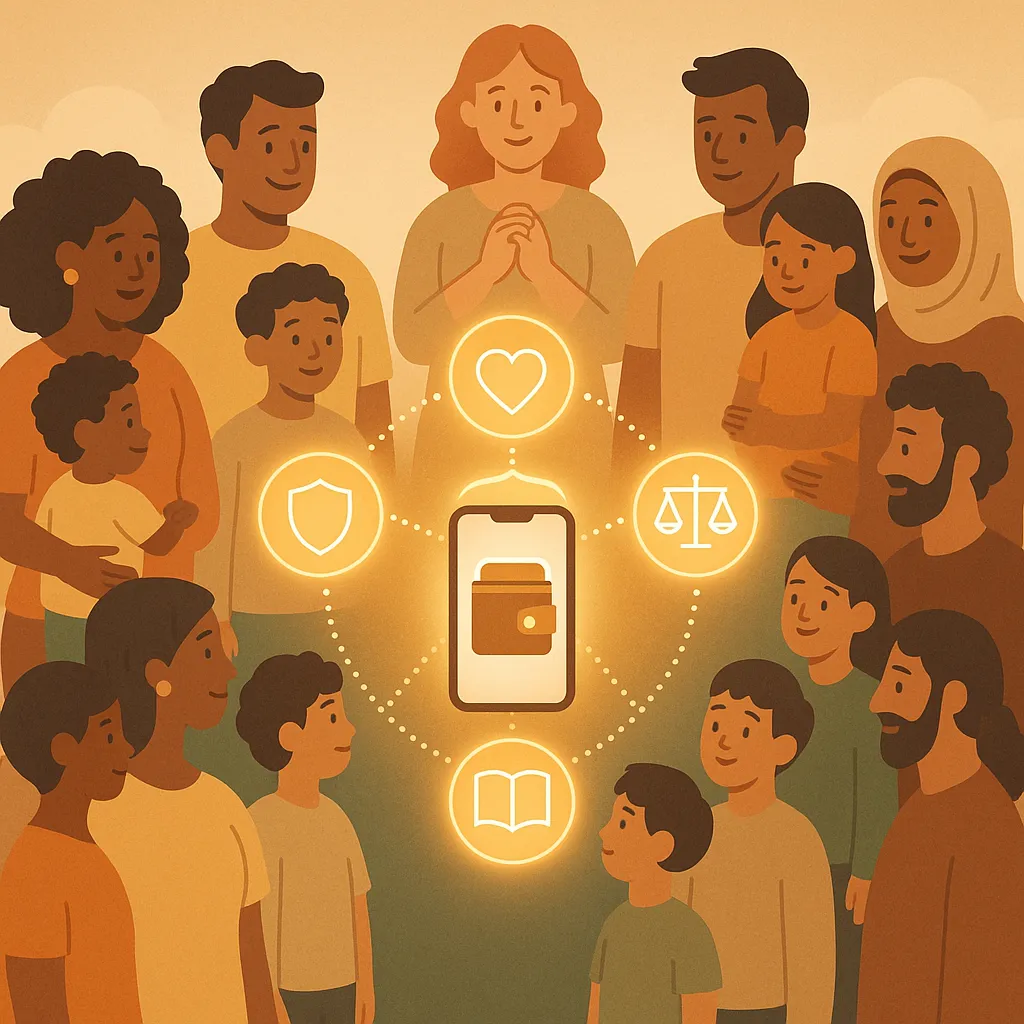 Illustratie van ouders, kinderen en gemeenschap rond een digitaal waardenkompas