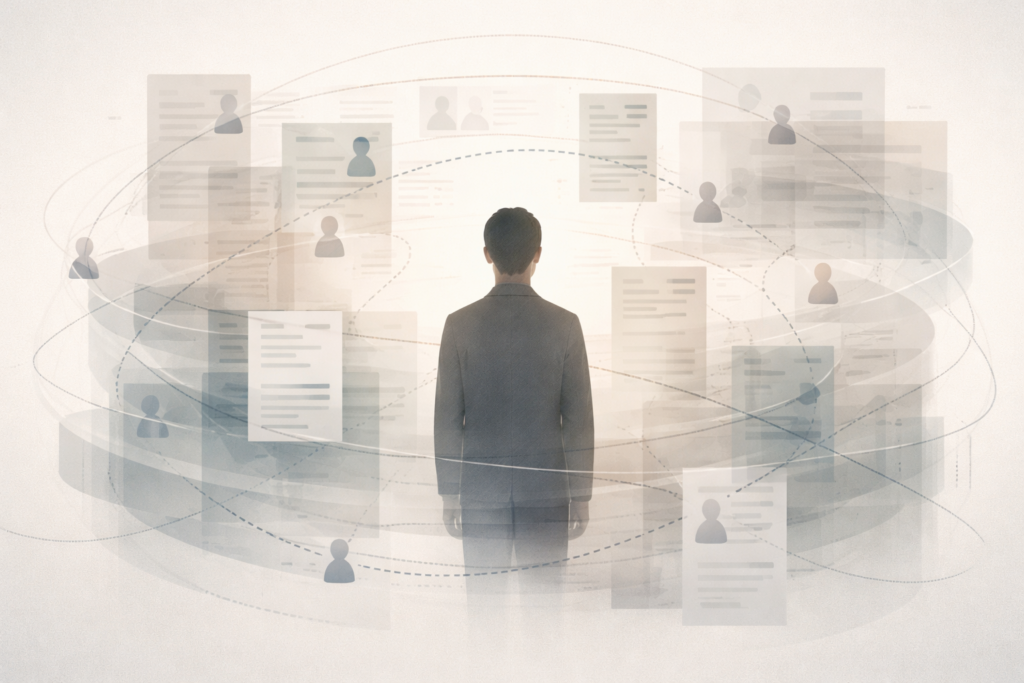 Conceptuele illustratie van een persoon omringd door overlappende zorg- en besluitvormingsstructuren, als symbool voor structurele manipulatieve tactieken in de psychiatrie.
