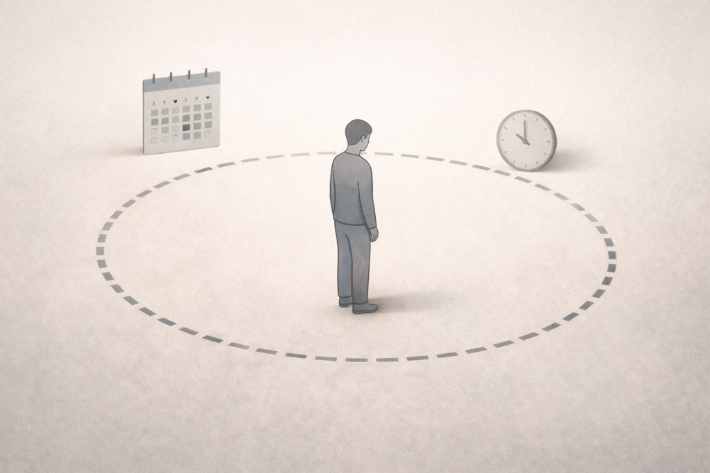 Conceptuele illustratie van een volwassene in een zorgtraject zonder duidelijke uitgang, symbool voor zorg zonder afbouw en het ontbreken van een exitstrategie binnen de volwassenenzorg.