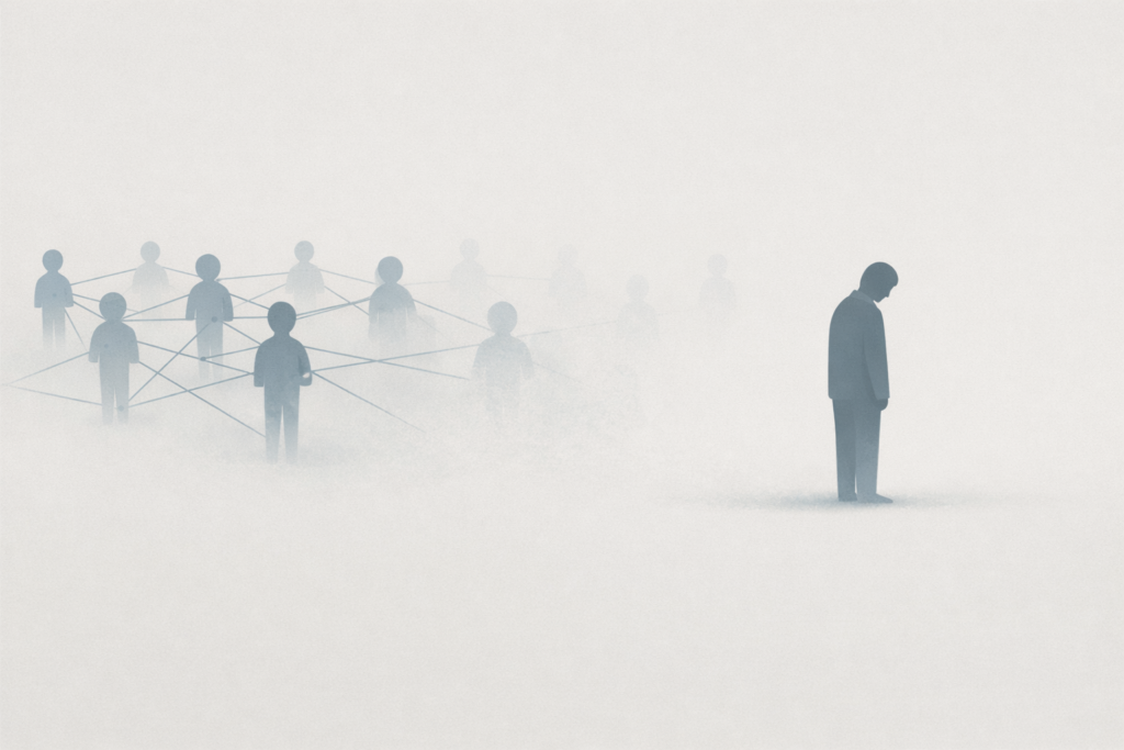 Symbolische illustratie van een persoon die geleidelijk wordt losgekoppeld van zijn sociale netwerk door systemische zorginterventies.