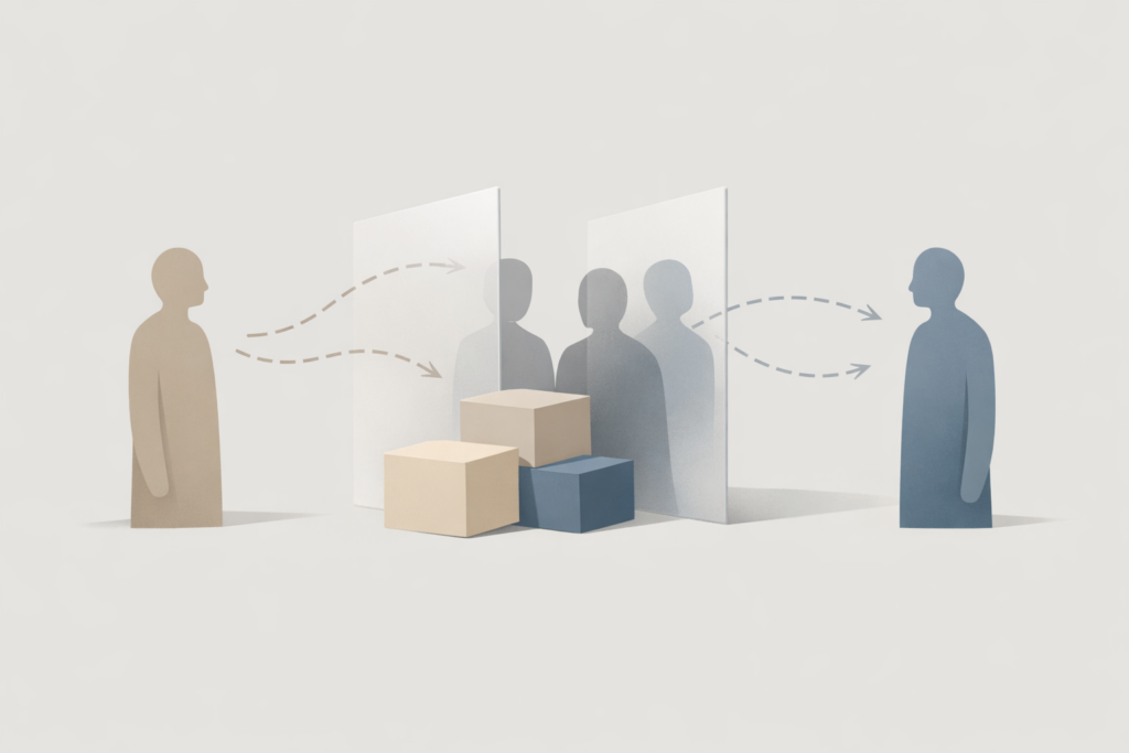 Symbolische illustratie van geblokkeerde directe communicatie tussen betrokkenen in de zorg, waarbij contact via tussenlagen wordt onderbroken.