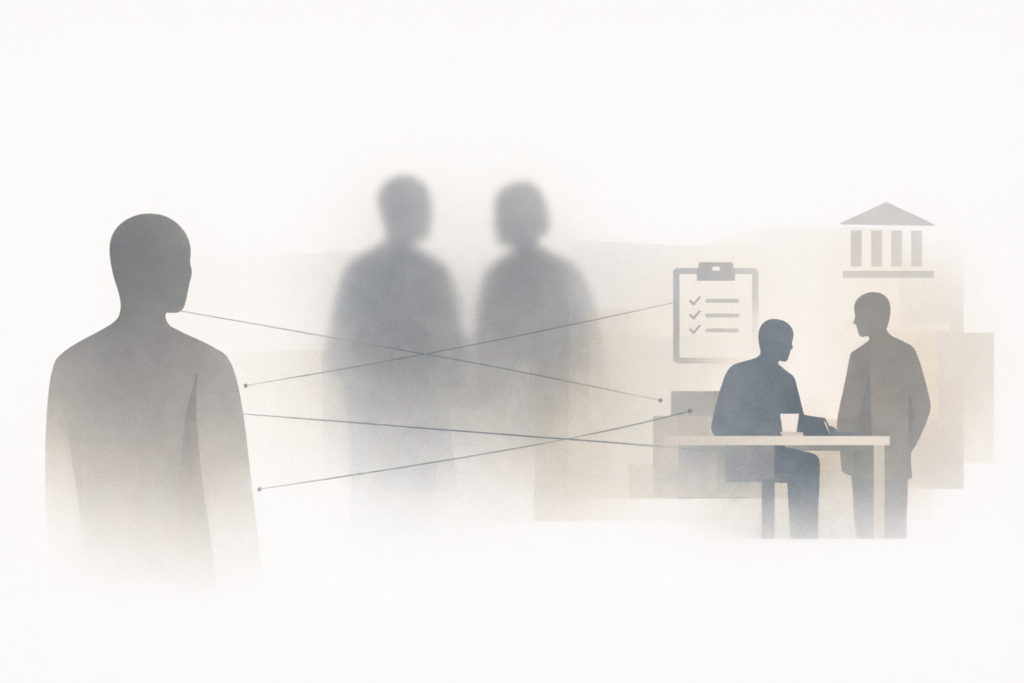 Abstracte illustratie van informele derden die zonder duidelijk mandaat invloed uitoefenen binnen zorgketens in de volwassenenzorg.