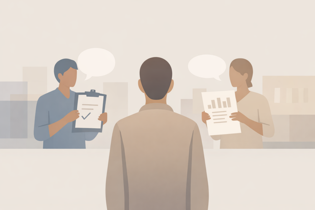 Abstracte illustratie van een menselijk figuur omgeven door documenten en tekstlagen die een gesloten narratief vormen binnen volwassenenzorg en GGZ-ketens.