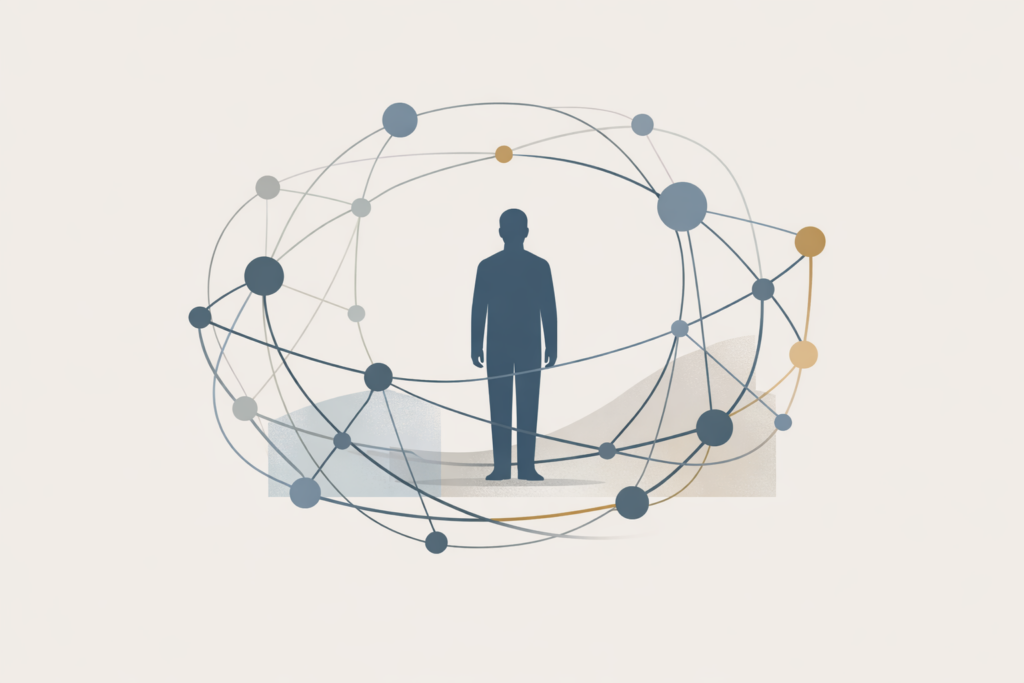 Abstracte illustratie van triangulatie en indirecte communicatie binnen zorgketens