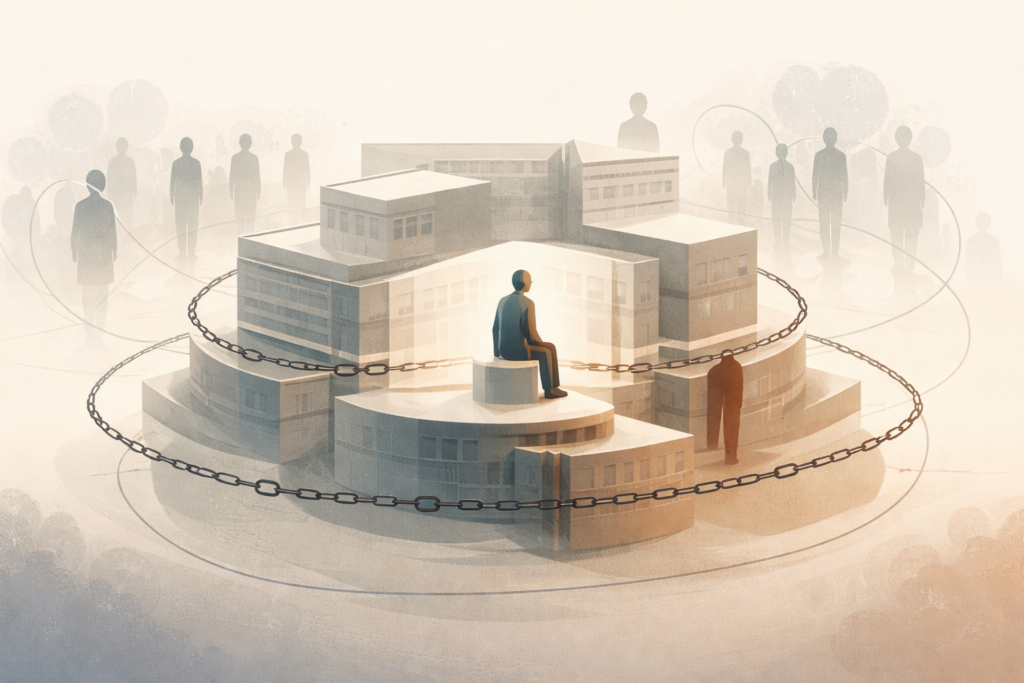 Illustratie van menselijke waardigheid en rechtsbescherming binnen de volwassenenzorg, met balans tussen individu en systeem.