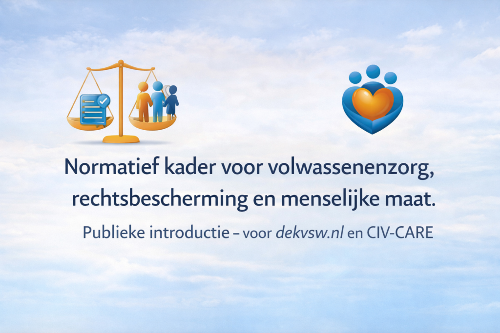 Normatief kader voor volwassenenzorg met focus op rechtsbescherming, menselijke maat en herstel van participatie binnen zorgketens.