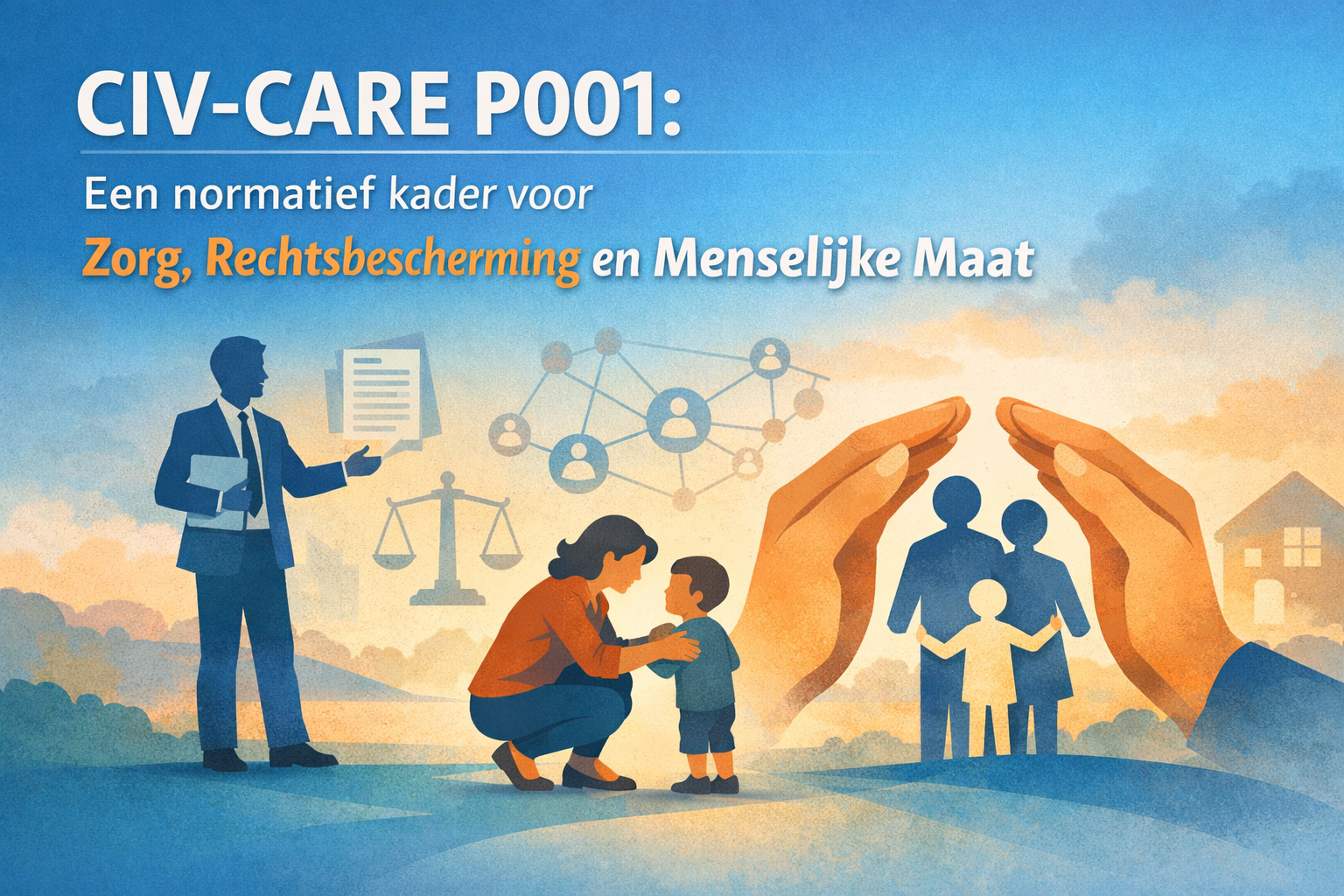 Illustratie van zorg, rechtsbescherming en samenwerking rondom kinderen binnen het CIV-CARE P001 normatieve kader